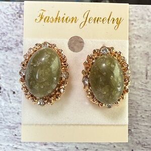 Fashion Jewelry Gold-Tone Olive Green Oval Stone Stud Earrings